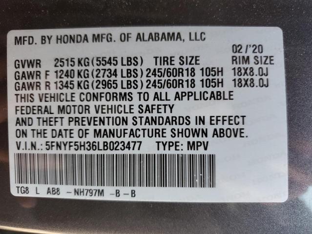 5FNYF5H36LB023477 - 2020 HONDA PILOT EX GRAY photo 12