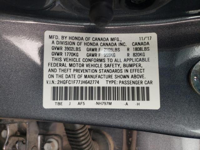 2HGFC1F77JH642774 - 2018 HONDA CIVIC EXL GRAY photo 12