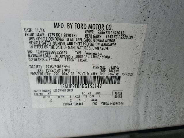 1FAHP2E86GG155149 - 2016 FORD TAURUS SEL WHITE photo 12