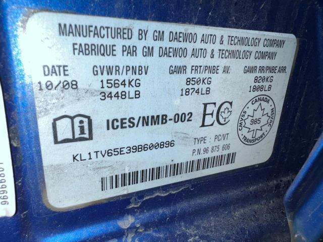 KL1TV65E39B600896 - 2009 CHEVROLET AVEO LS 蓝色 照片 10