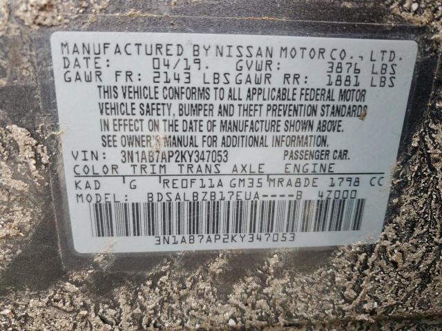 3N1AB7AP2KY347053 - 2019 NISSAN SENTRA S GRAY photo 12