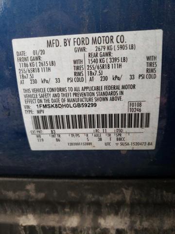 1FMSK8DH0LGB59299 - 2020 FORD EXPLORER XLT BLUE photo 13