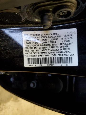 2HGFC2F87KH515541 - 2019 HONDA CIVIC SPORT შავი ფოტო 12