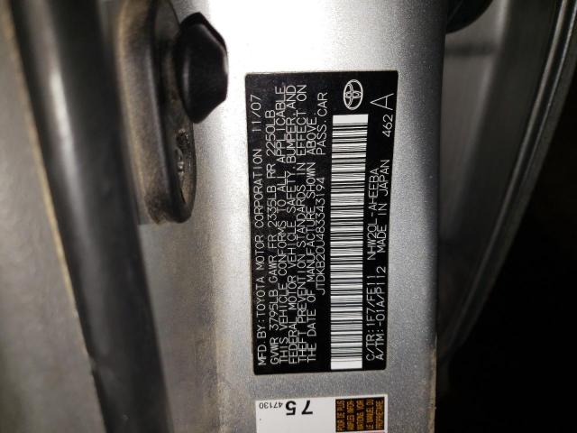 JTDKB20U483343194 - 2008 TOYOTA PRIUS SILVER photo 12