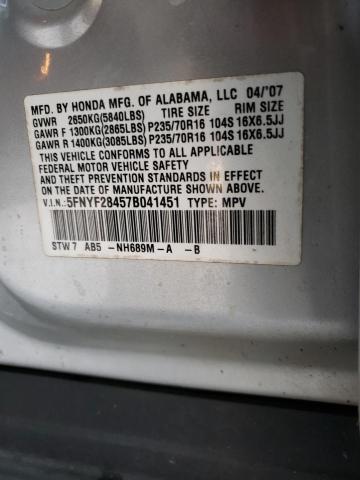 5FNYF28457B041451 - 2007 HONDA PILOT EX SILVER photo 14