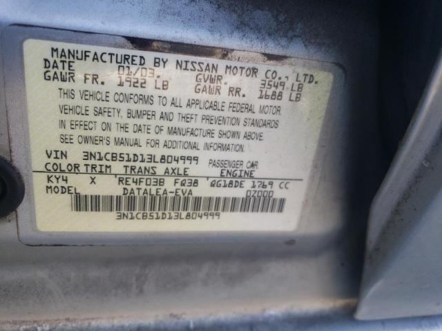 3N1CB51D13L804999 - 2003 NISSAN SENTRA XE SILVER photo 12