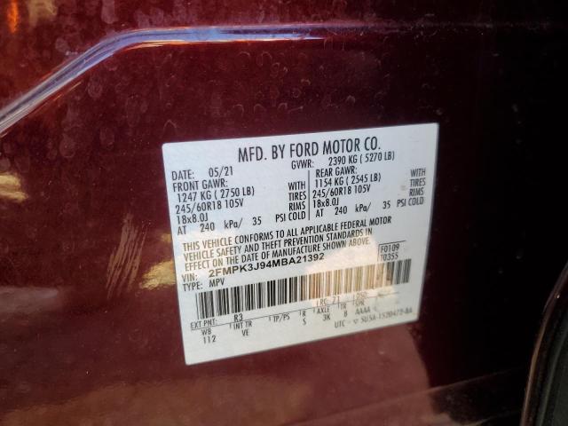 2FMPK3J94MBA21392 - 2021 FORD EDGE SEL MAROON photo 13