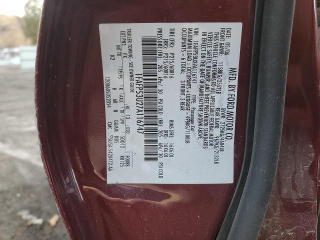 1FAFP53U27A116747 - 2007 FORD TAURUS SE MAROON photo 12