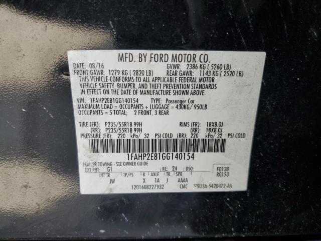 1FAHP2E81GG140154 - 2016 FORD TAURUS SEL BLACK photo 13