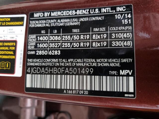 4JGDA5HB0FA501499 - 2015 MERCEDES-BENZ ML 350 4MATIC BURGUNDY photo 14