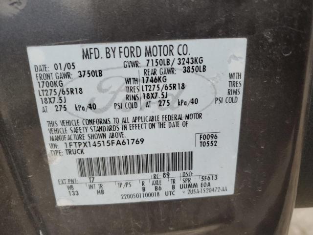 1FTPX14515FA61769 - 2005 FORD F150 CHARCOAL photo 12