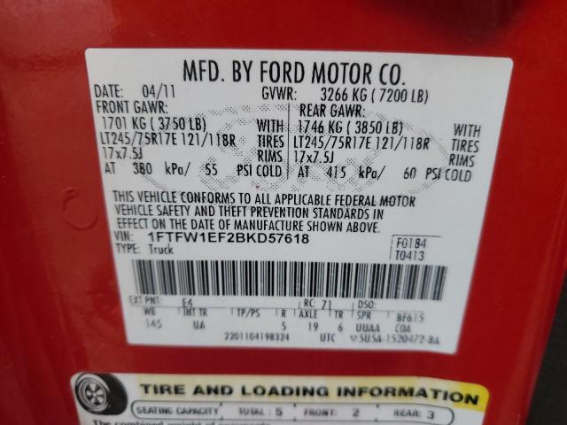 1FTFW1EF2BKD57618 - 2011 FORD F150 SUPERCREW RED photo 12