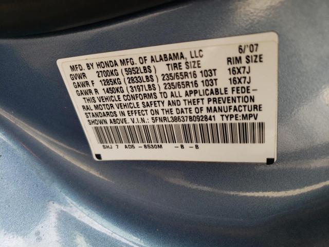 5FNRL38637B092841 - 2007 HONDA ODYSSEY EXL BLUE photo 13