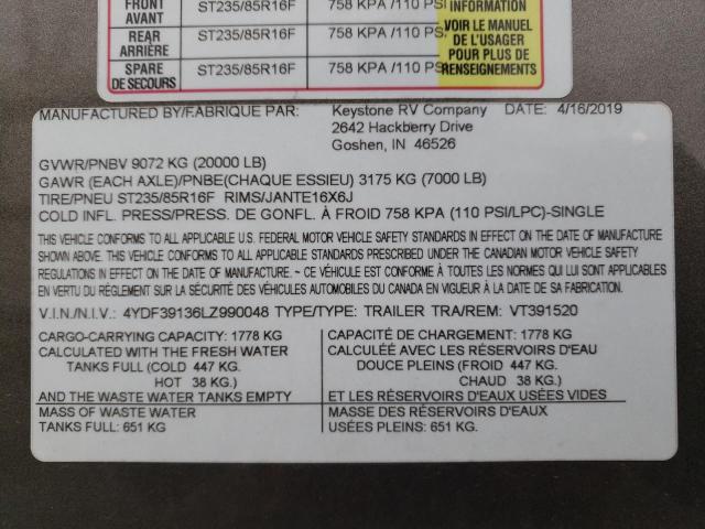 4YDF39136LZ990048 - 2020 KEYSTONE VOLTAGE 36 GRAY photo 10