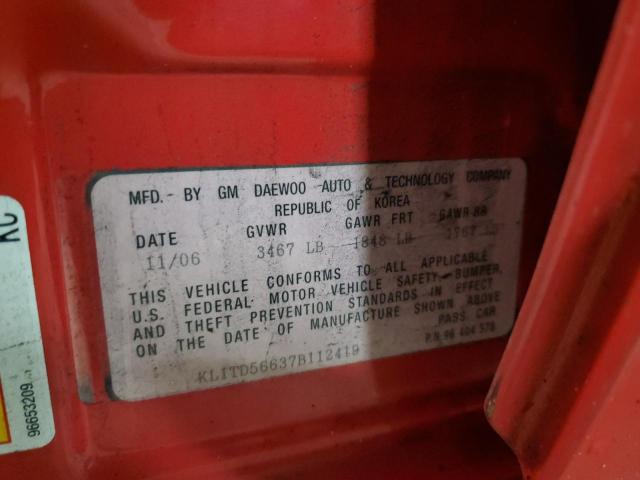KL1TD56637B112419 - 2007 CHEVROLET AVEO BASE RED photo 12