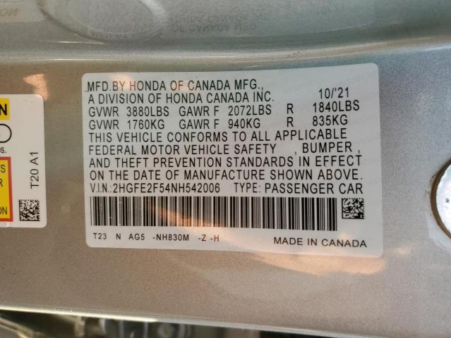 2HGFE2F54NH542006 - 2022 HONDA CIVIC SPORT ვერცხლისფერი ფოტო 12