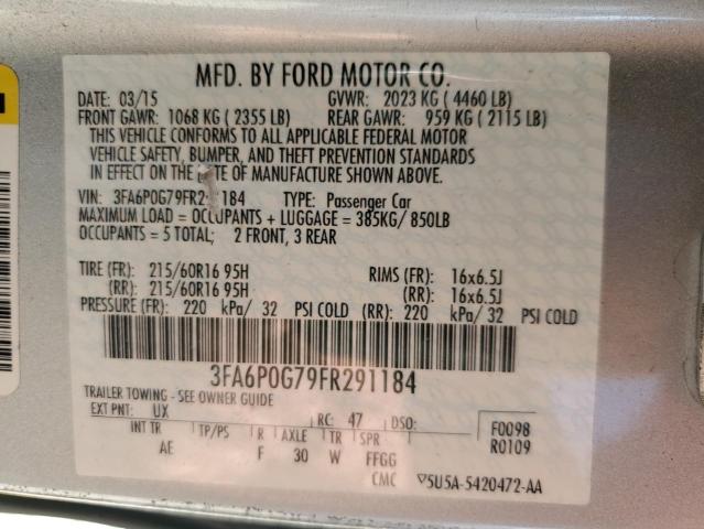 3FA6P0G79FR291184 - 2015 FORD FUSION S SILVER photo 12