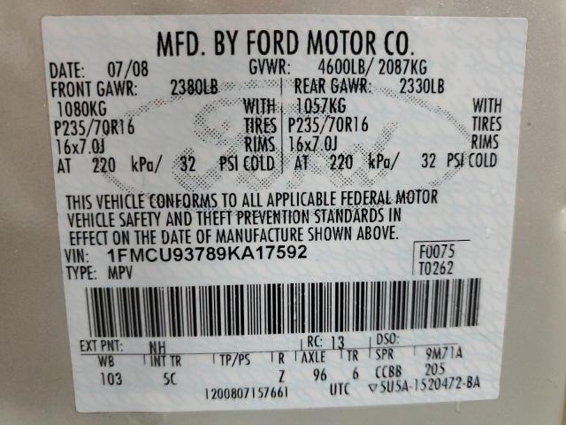 1FMCU93789KA17592 - 2009 FORD ESCAPE XLT BEIGE photo 12