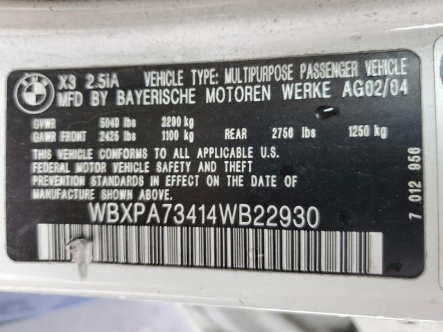 WBXPA73414WB22930 - 2004 BMW X3 2.5I WHITE photo 13