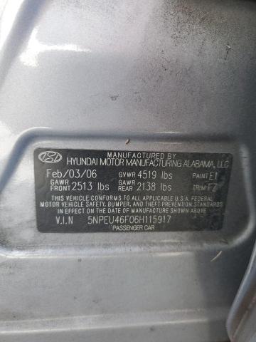 5NPEU46F06H115917 - 2006 HYUNDAI SONATA GLS SILVER photo 12