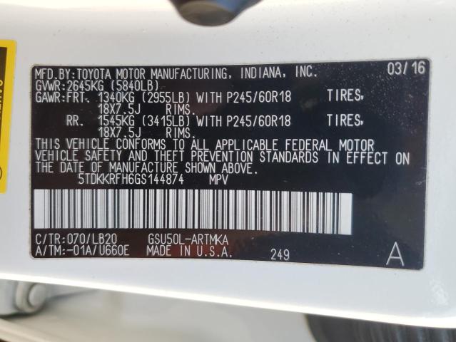 5TDKKRFH6GS144874 - 2016 TOYOTA HIGHLANDER XLE WHITE photo 14