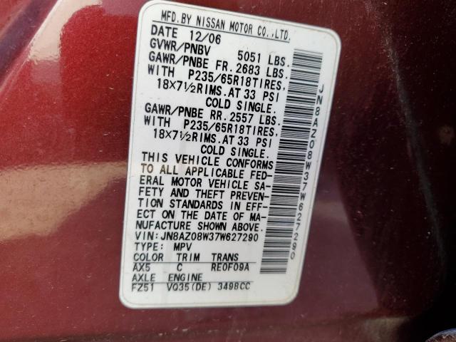 JN8AZ08W37W627290 - 2007 NISSAN MURANO SL MAROON photo 12