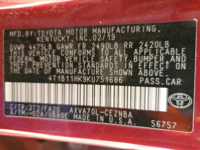 4T1B11HK9KU751686 - 2019 TOYOTA CAMRY L RED photo 12