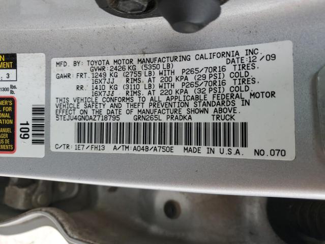 5TEJU4GN0AZ718795 - 2010 TOYOTA TACOMA DOUBLE CAB PRERUNNER SILVER photo 13