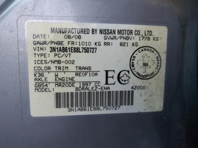 3N1AB61E88L750727 - 2008 NISSAN SENTRA 2.0 GRAY photo 12