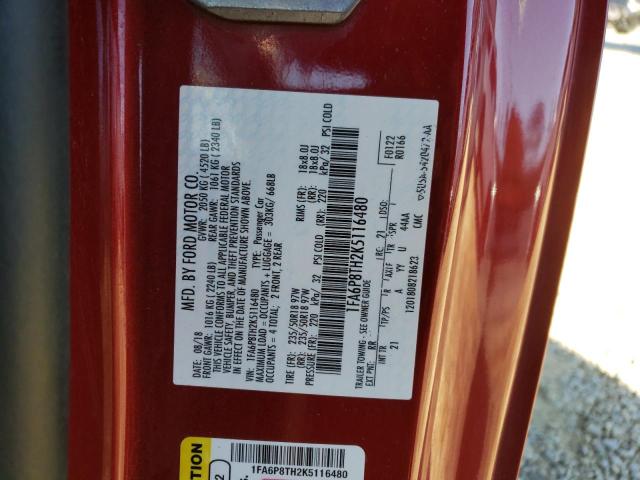 1FA6P8TH2K5116480 - 2019 FORD MUSTANG RED photo 12