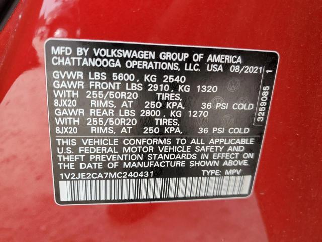 1V2JE2CA7MC240431 - 2021 VOLKSWAGEN ATLAS CROS SE Qırmızı foto 13
