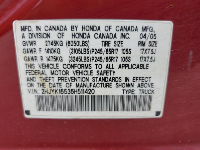 2HJYK16536H511420 - 2006 HONDA RIDGELINE RTL MAROON photo 12