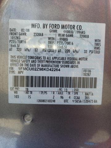 1FMCU02Z98KD42264 - 2008 FORD ESCAPE XLS GRAY photo 14