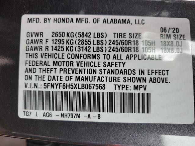 5FNYF6H5XLB067568 - 2020 HONDA PILOT EXL GRAY photo 14