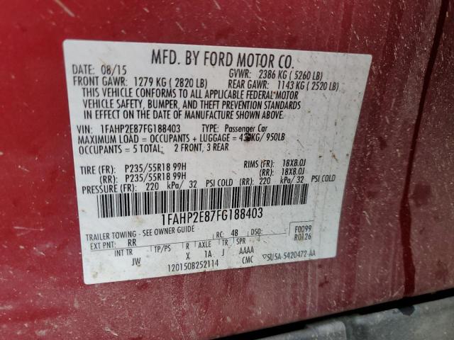 1FAHP2E87FG188403 - 2015 FORD TAURUS SEL RED photo 12