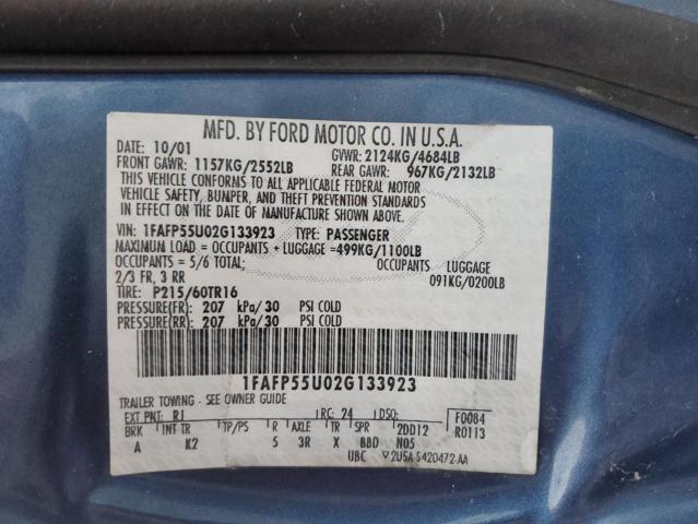 1FAFP55U02G133923 - 2002 FORD TAURUS SES BLUE photo 12