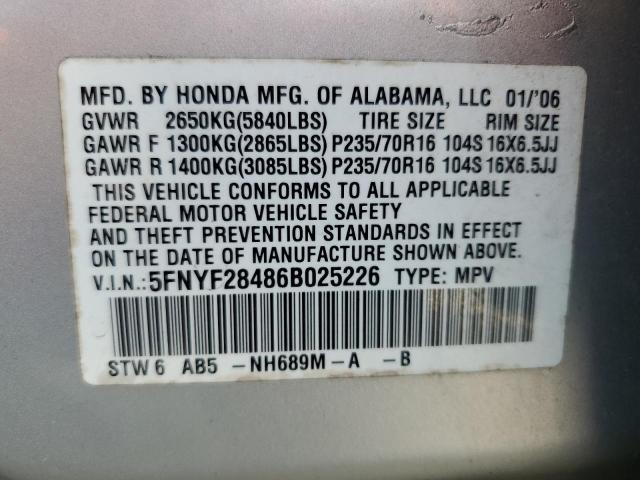 5FNYF28486B025226 - 2006 HONDA PILOT EX SILVER photo 13