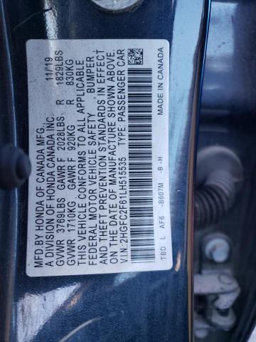 2HGFC2F61LH515535 - 2020 HONDA CIVIC LX BLUE photo 12