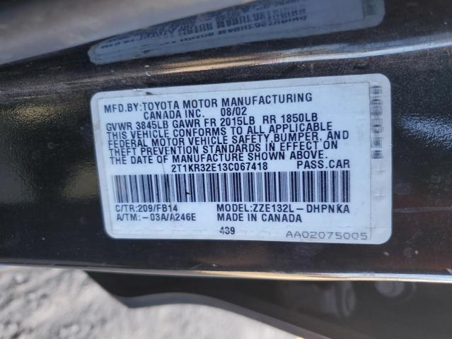 2T1KR32E13C067418 - 2003 TOYOTA COROLLA MA XR BLACK photo 12