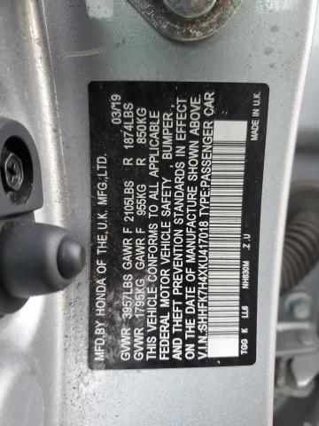 SHHFK7H4XKU417018 - 2019 HONDA CIVIC SPORT 银色 照片 12
