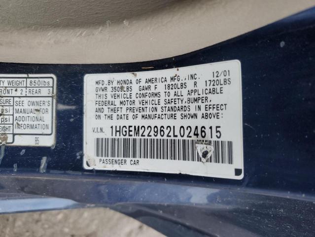 1HGEM22962L024615 - 2002 HONDA CIVIC LX EX BLUE photo 12