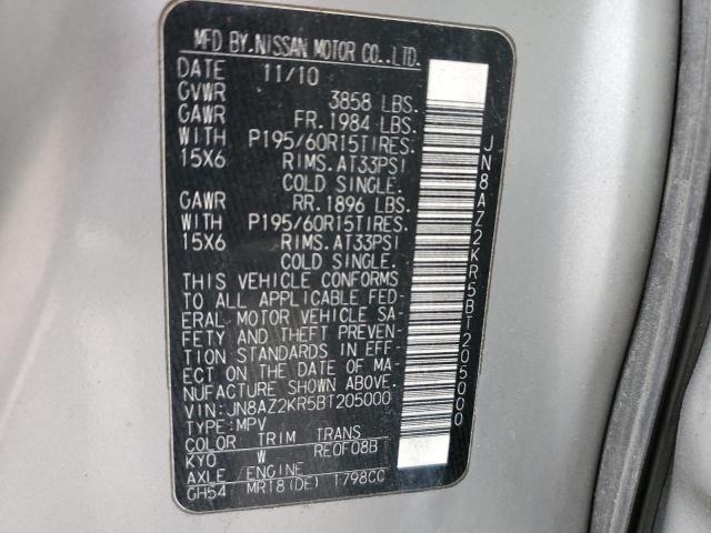 JN8AZ2KR5BT205000 - 2011 NISSAN CUBE BASE SILVER photo 12