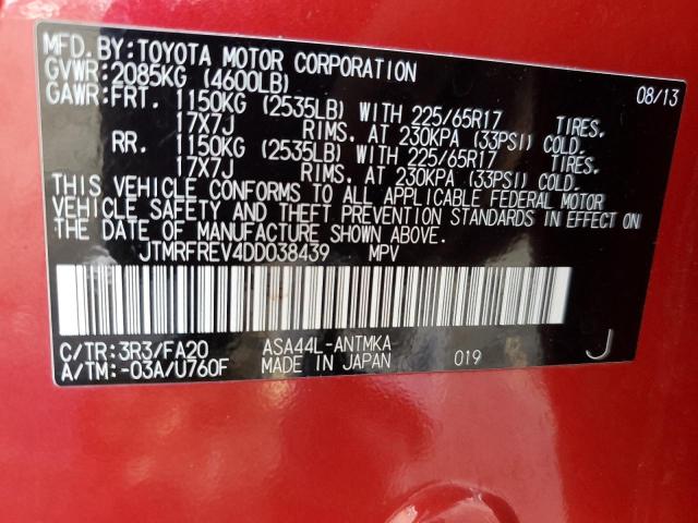 JTMRFREV4DD038439 - 2013 TOYOTA RAV4 XLE RED photo 13