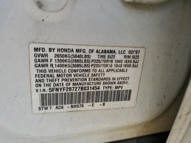 5FNYF28727B031454 - 2007 HONDA PILOT EXL WHITE photo 13