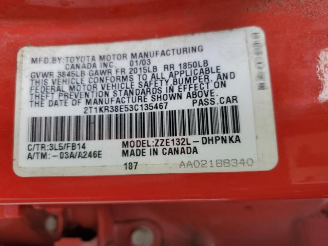 2T1KR38E53C135467 - 2003 TOYOTA COROLLA MA XR TWO TONE photo 13