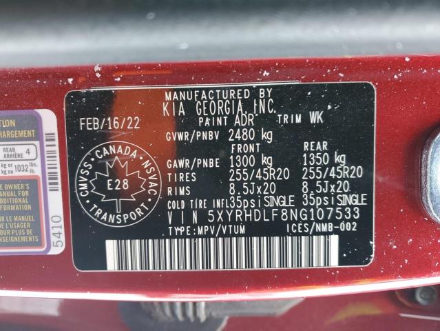 5XYRHDLF8NG107533 - 2022 KIA SORENTO EX RED photo 13