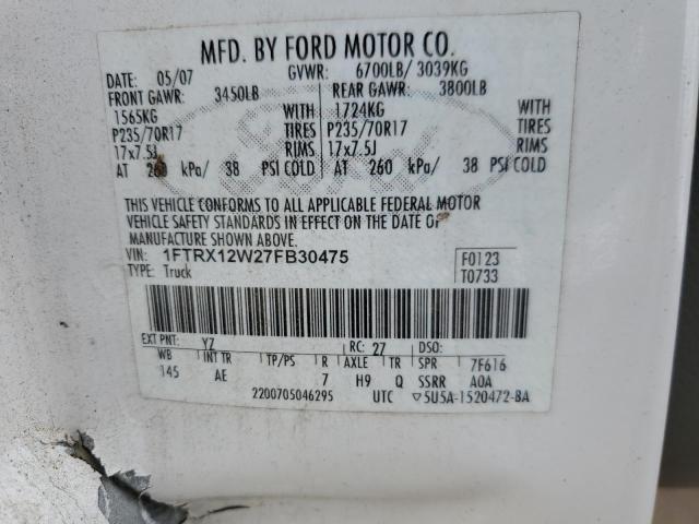 1FTRX12W27FB30475 - 2007 FORD F150 WHITE photo 12