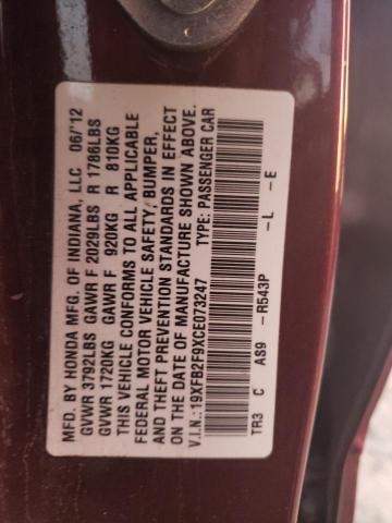 19XFB2F9XCE073247 - 2012 HONDA CIVIC EXL 栗色 照片 12