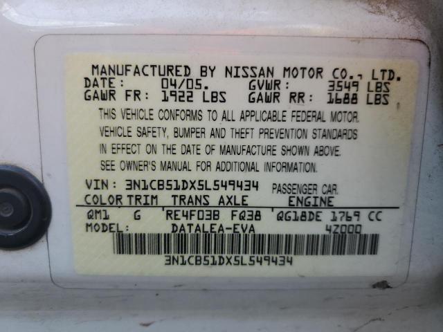 3N1CB51DX5L549434 - 2005 NISSAN SENTRA 1.8 WHITE photo 12