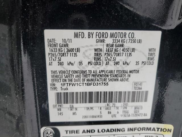 1FTFW1CT1BFD31755 - 2011 FORD F150 SUPERCREW BLACK photo 12